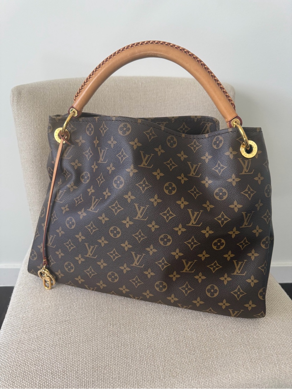 Louis Vuitton Monogram Shoulder Bag with Tan Handle and Gold Hardware